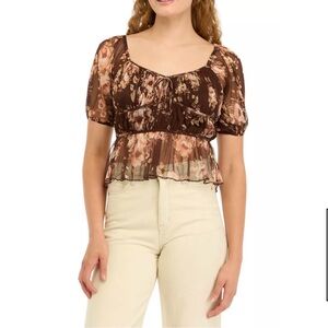 Lucky Brand Brown Floral Mesh Smocked Date Night Blouse Women’s Medium EUC